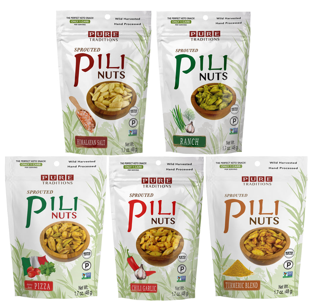 Sprouted Pili Nuts, 5 Flavor Savory Variety Pack