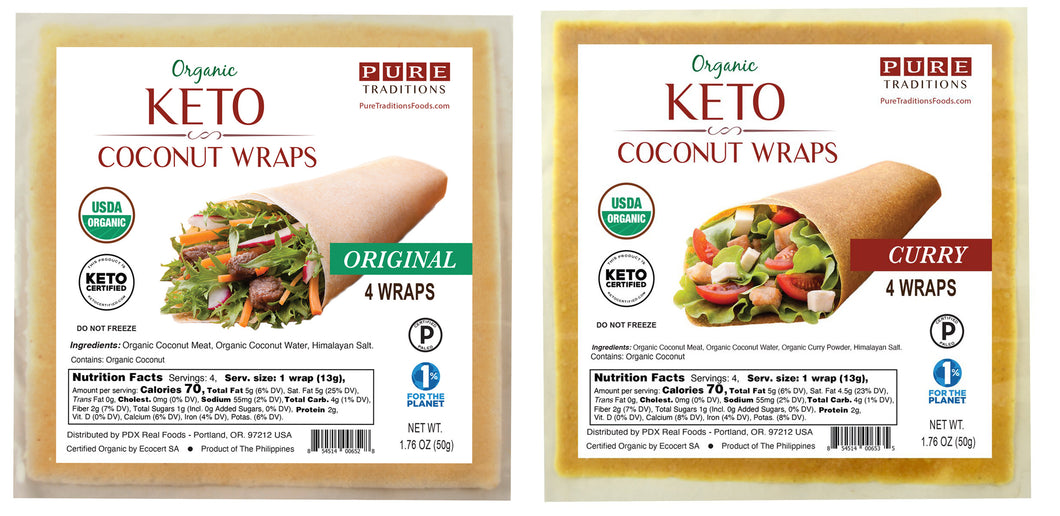Keto Coconut Wraps, Original and Curry Flavor Sampler, Organic, (4 per pack)